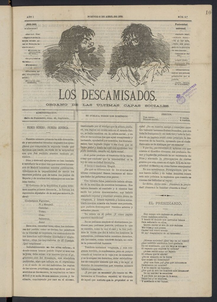 Miniatura de Los Descamisados: órgano de las ultimas capas sociales del 6 de abril de 1873, nº 2