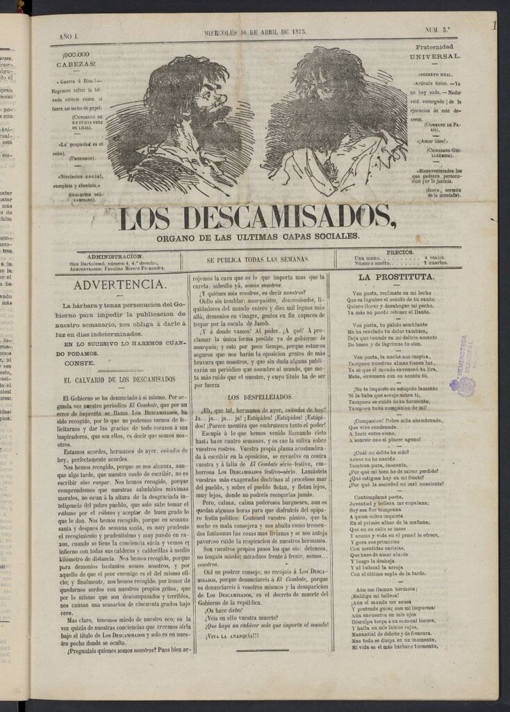 Miniatura de Los Descamisados: órgano de las ultimas capas sociales del 16 de abril de 1873, nº 3