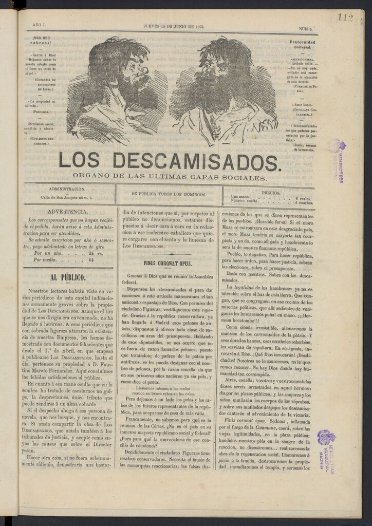 Miniatura de Los Descamisados: órgano de las ultimas capas sociales del 12 de junio de 1873, nº 5