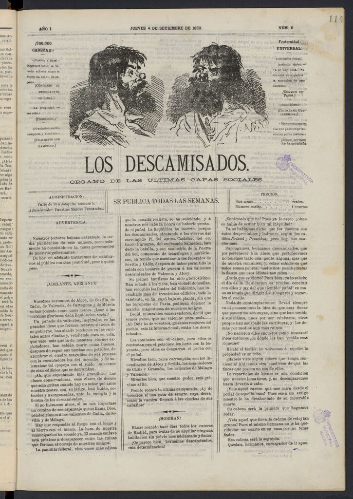 Miniatura de Los Descamisados: órgano de las ultimas capas sociales del 4 de septiembre de 1873, nº 6