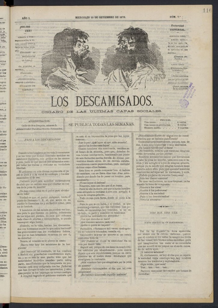 Miniatura de Los Descamisados: órgano de las ultimas capas sociales del 10 de septiembre de 1873, nº 7