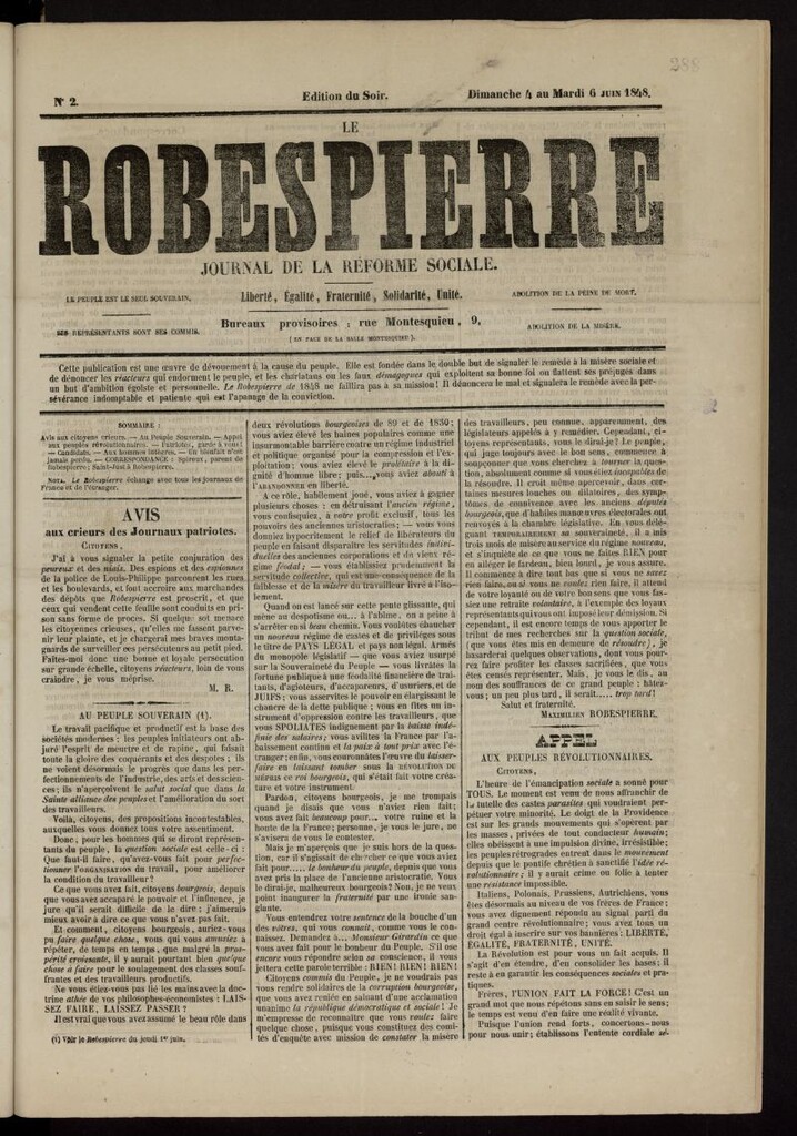 Miniatura de Le Robespierre: journal de la réforme sociale del 4 de junio de 1848, nº 2