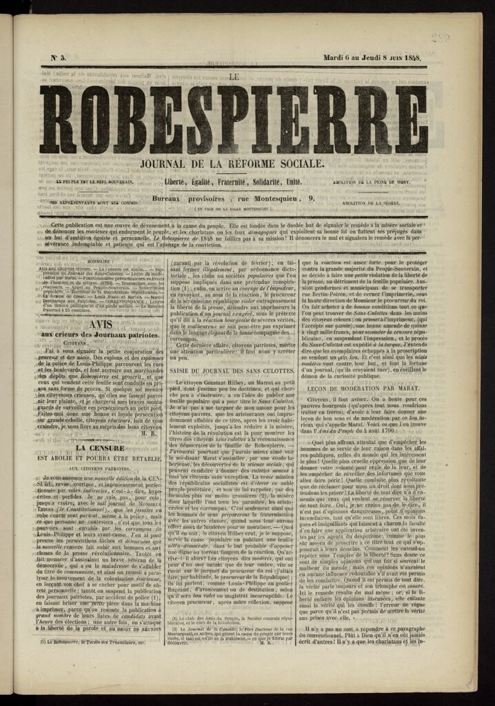 Miniatura de Le Robespierre: journal de la réforme sociale del 6 de junio de 1848, nº 3