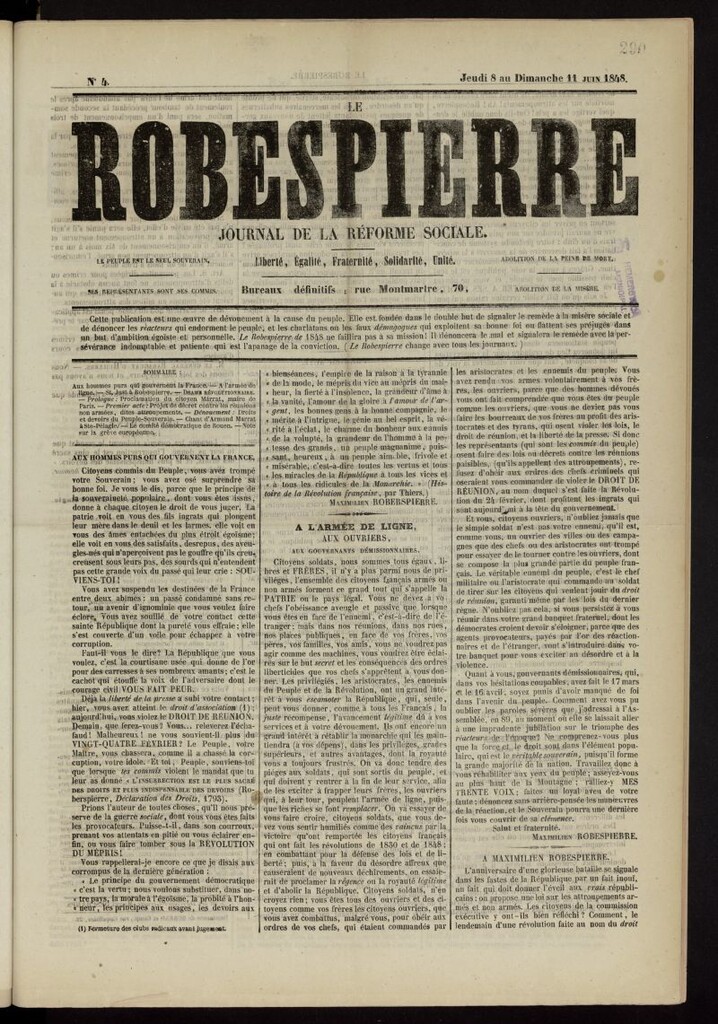 Miniatura de Le Robespierre: journal de la réforme sociale del 8 de junio de 1848, nº 4