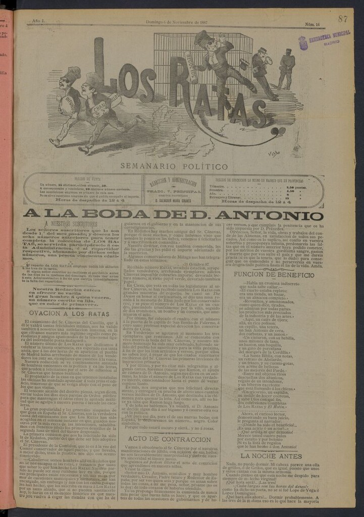 Miniatura de Los Ratas: semanario político del 6 de noviembre de 1887, nº 14