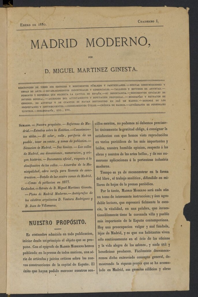 Miniatura de Madrid Moderno de enero de 1880, cuaderno I