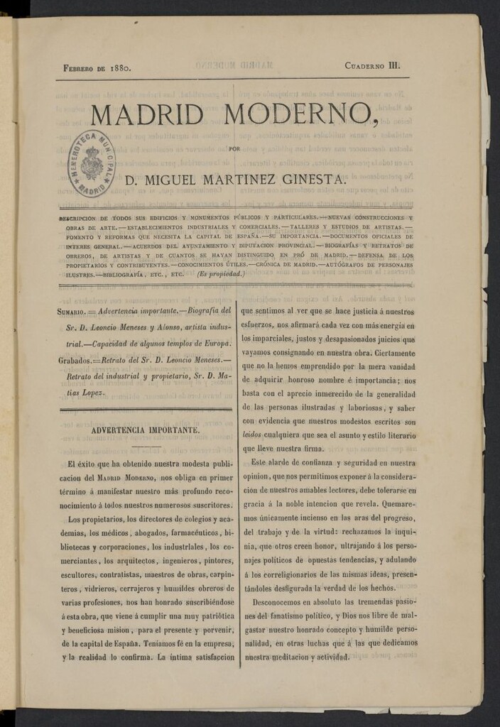 Miniatura de Madrid Moderno de febrero de 1880, cuaderno III