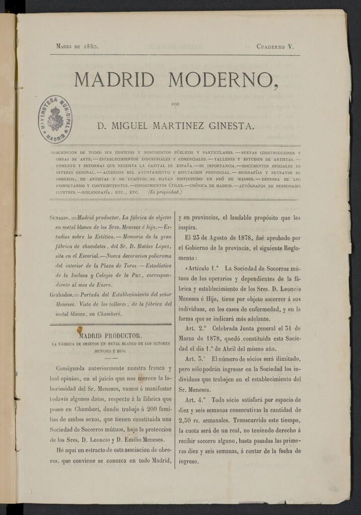Miniatura de Madrid Moderno de marzo de 1880, cuaderno V