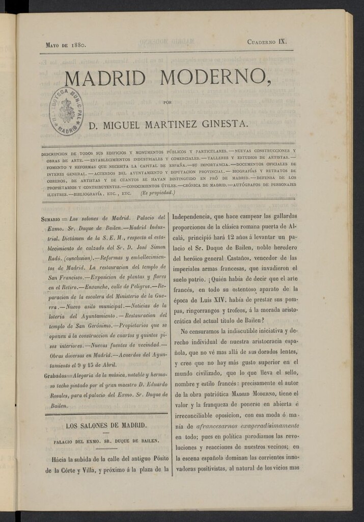 Miniatura de Madrid Moderno de mayo de 1880, cuaderno IX