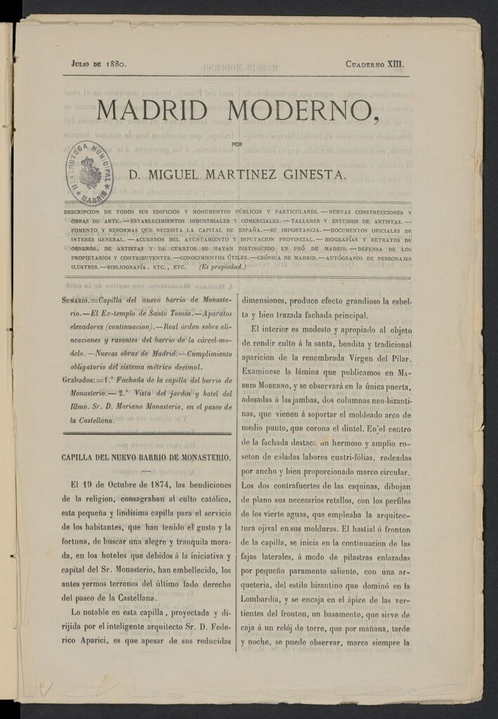 Miniatura de Madrid Moderno de julio de 1880, cuaderno XIII