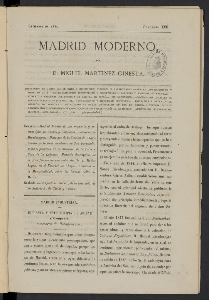 Miniatura de Madrid Moderno de septiembre de 1880, cuaderno XVII