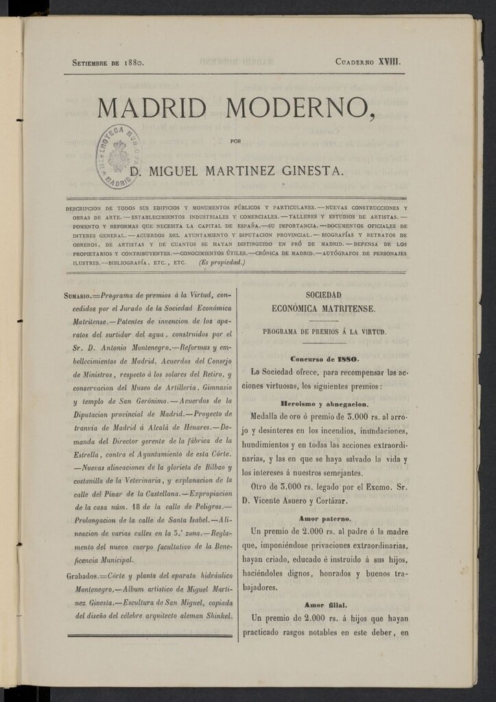 Miniatura de Madrid Moderno de septiembre de 1880, cuaderno XVIII