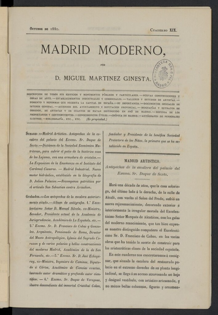 Miniatura de Madrid Moderno de octubre de 1880, cuaderno XIX