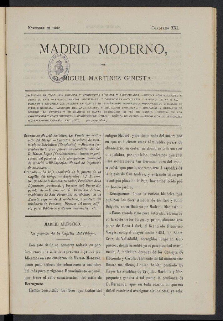 Miniatura de Madrid Moderno de noviembre de 1880, cuaderno XXI