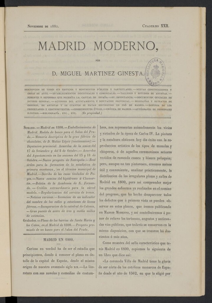Miniatura de Madrid Moderno de noviembre de 1880, cuaderno XXII
