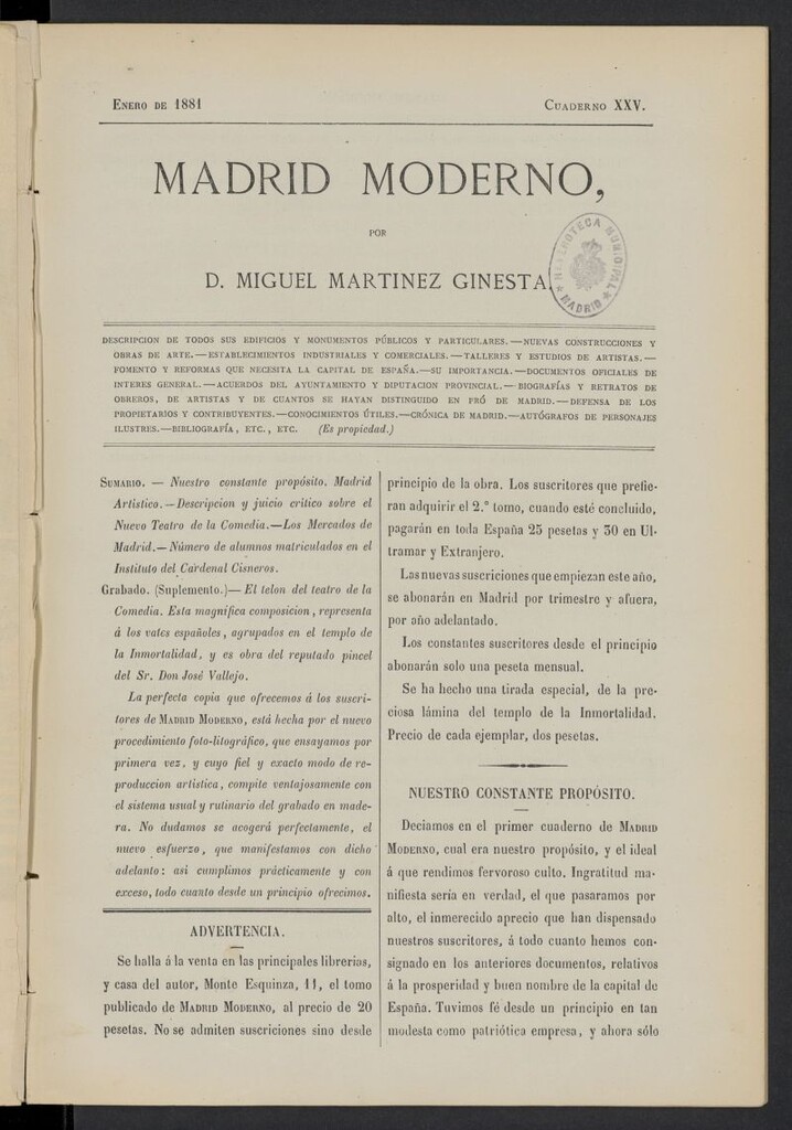 Miniatura de Madrid Moderno de enero de 1881, cuaderno XXV