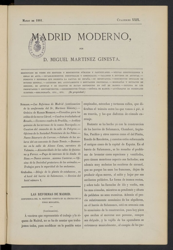 Miniatura de Madrid Moderno de marzo de 1881, cuaderno XXIX
