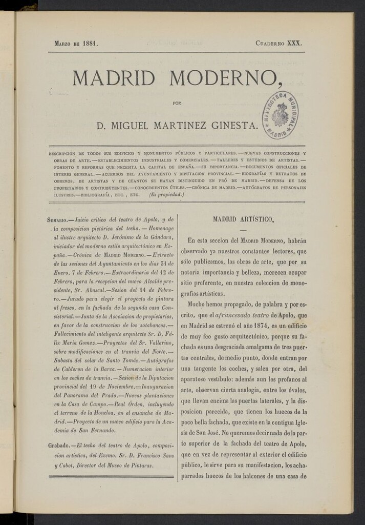 Miniatura de Madrid Moderno de marzo de 1881, cuaderno XXX