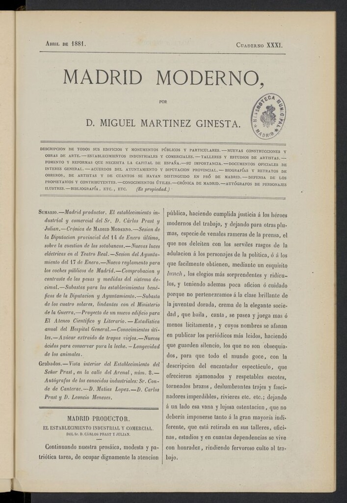 Miniatura de Madrid Moderno de abril de 1881, cuaderno XXXI