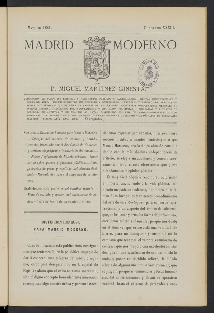 Miniatura de Madrid Moderno de mayo de 1881, cuaderno XXXIII