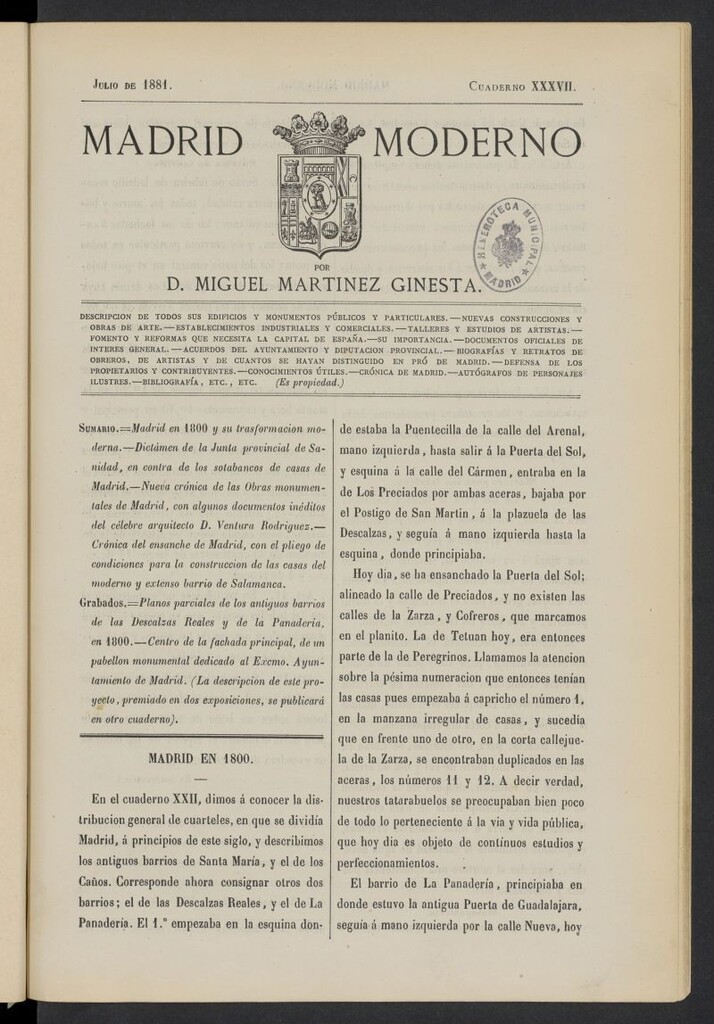 Miniatura de Madrid Moderno de julio de 1881, cuaderno XXXVII