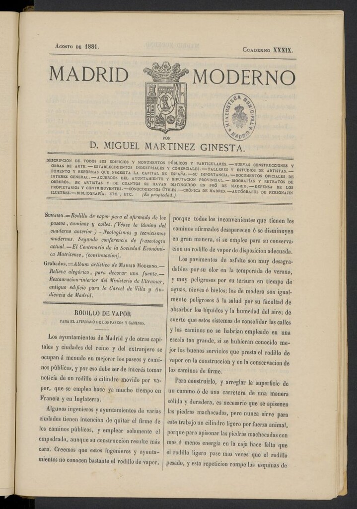 Miniatura de Madrid Moderno de agosto de 1881, cuaderno XXXIX