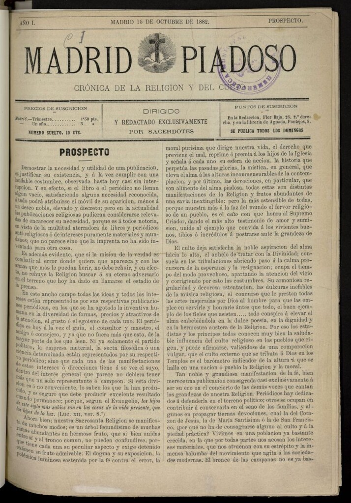Miniatura de Madrid Piadoso: crónica de la religión y el culto, número prospecto