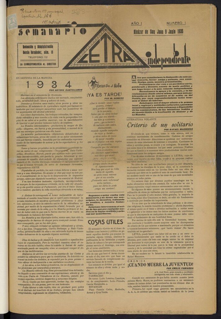 Miniatura de Letra: semanario independiente del 9 de junio de 1935