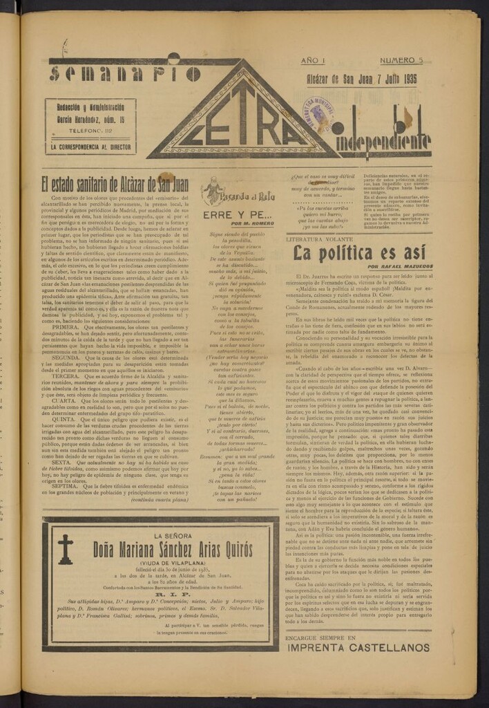 Miniatura de Letra: semanario independiente del 7 de julio de 1935