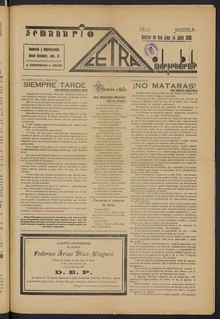 Miniatura de Letra: semanario independiente del 14 de julio de 1935