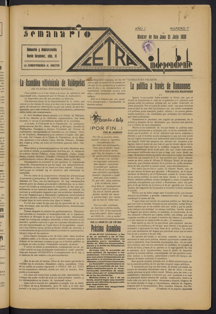 Miniatura de Letra: semanario independiente del 21 de julio de 1935