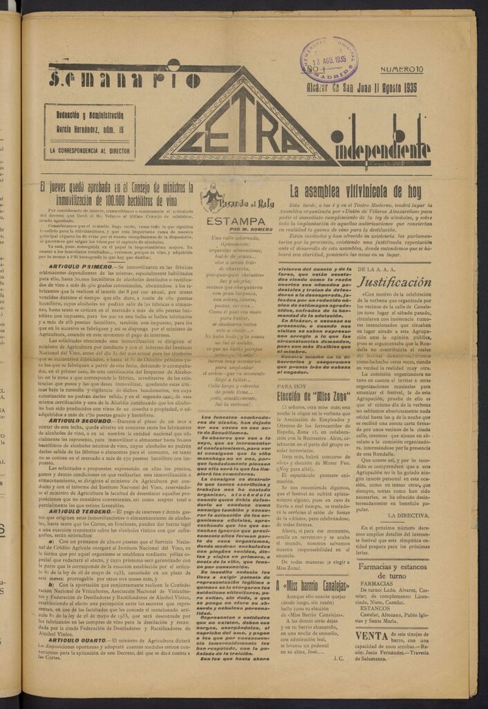Miniatura de Letra: semanario independiente del 11 de agosto de 1935