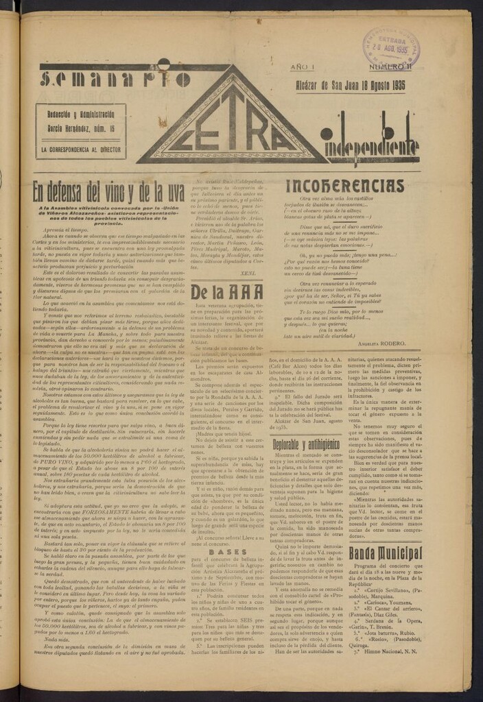 Miniatura de Letra: semanario independiente del 18 de agosto de 1935
