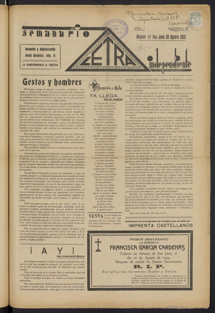 Miniatura de Letra: semanario independiente del 25 de agosto de 1935