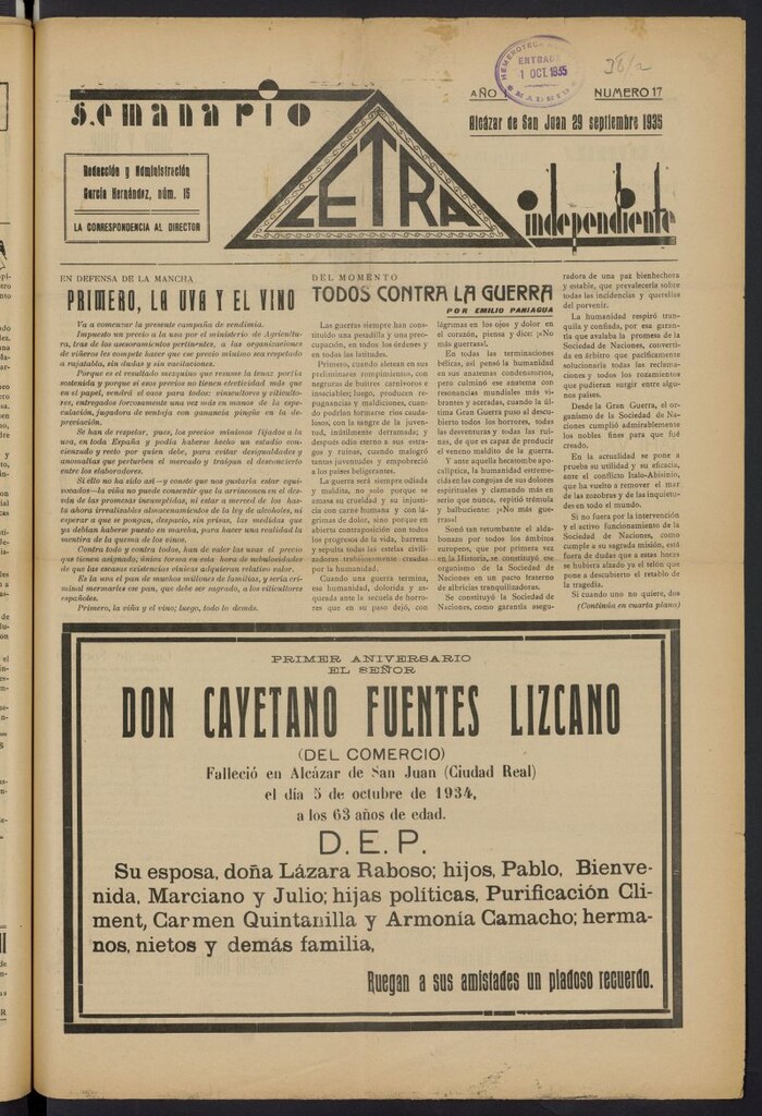 Miniatura de Letra: semanario independiente del 29 de septiembre de 1935