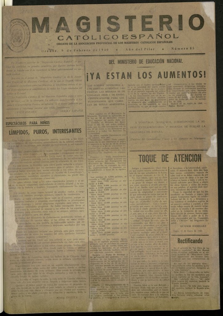Miniatura de Magisterio Católico Español del 9 de febrero de 1940