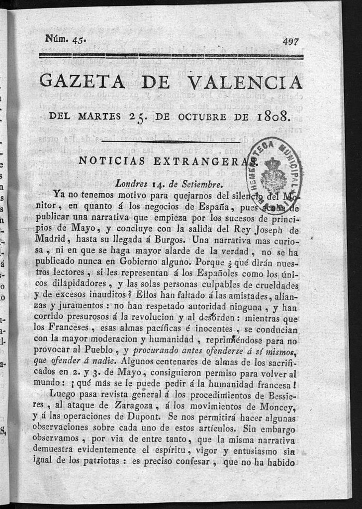 Miniatura de Gazeta de Valencia del 25 de Octubre de 1808