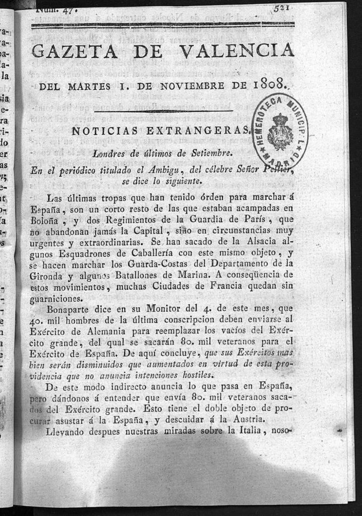 Miniatura de Gazeta de Valencia del 1 de Noviembre de 1808