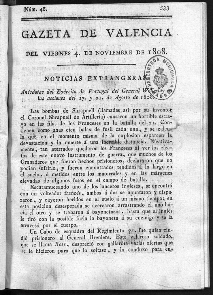Miniatura de Gazeta de Valencia del 4 de Noviembre de 1808
