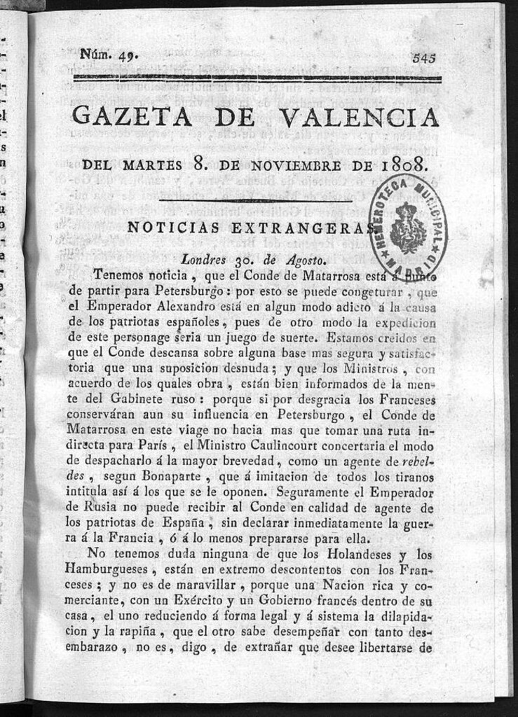 Miniatura de Gazeta de Valencia del 8 de Noviembre de 1808