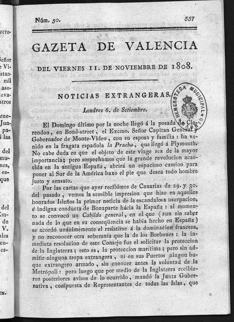 Miniatura de Gazeta de Valencia del 11 de Noviembre de 1808