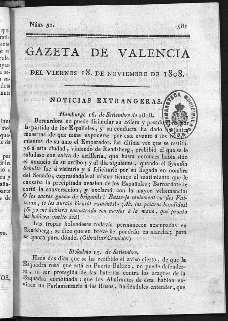 Miniatura de Gazeta de Valencia del 18 de Noviembre de 1808