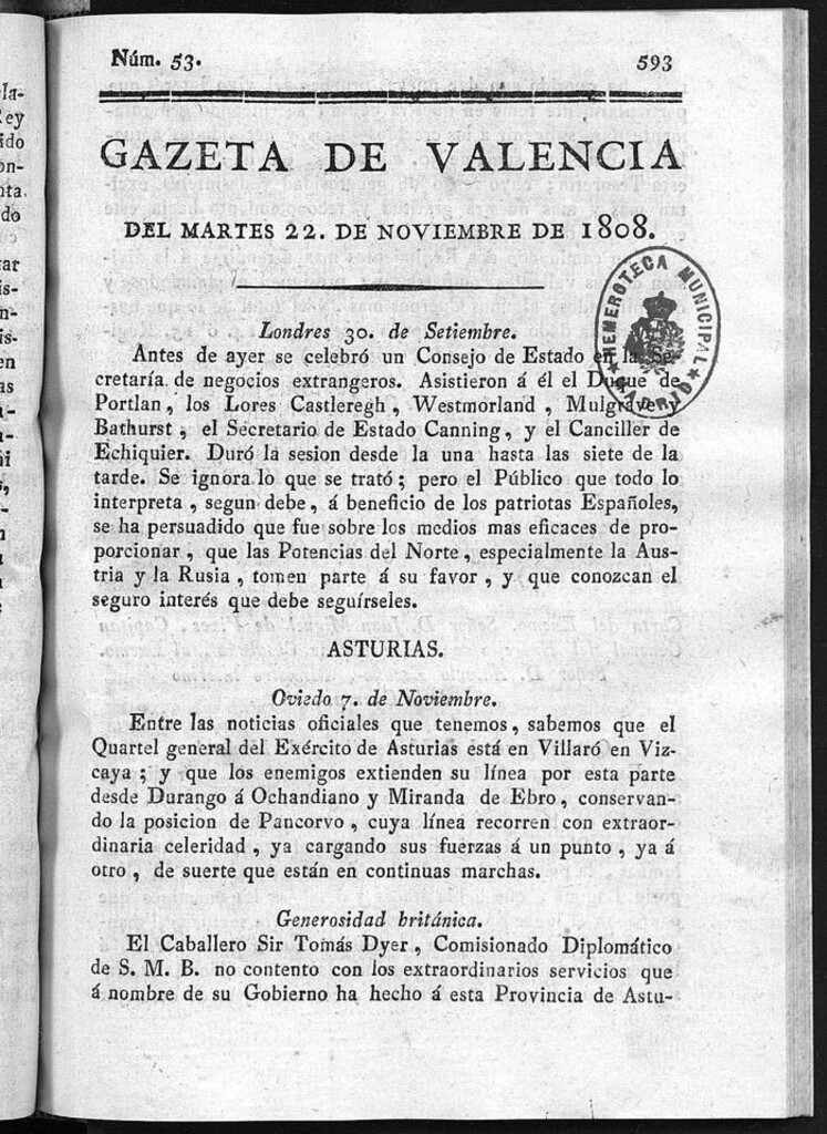 Miniatura de Gazeta de Valencia del 22 de Noviembre de 1808
