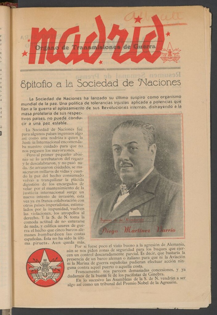 Miniatura de Madrid : órgano de transmisiones de Guerra del 19 de junio de 1937