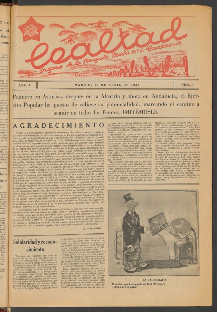 Miniatura de Lealtad : órgano de la Brigada Mixta n. 5, Carabineros del 12 de abril de 1937