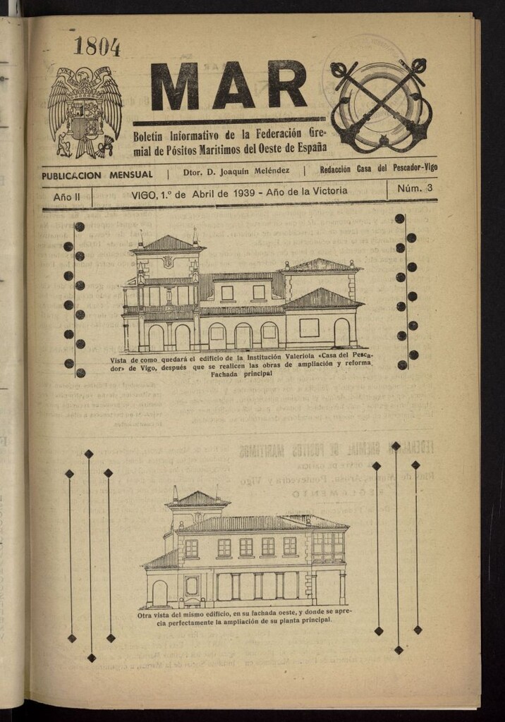 Miniatura de Mar : boletín informativo de la Federación Gremial de Pósitos Marítimos del Oeste de España del 1 de abril de 1939