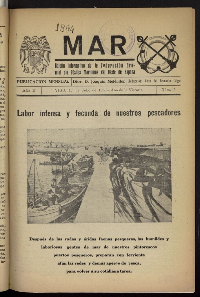 Miniatura de Mar : boletín informativo de la Federación Gremial de Pósitos Marítimos del Oeste de España del 1 de julio de 1939