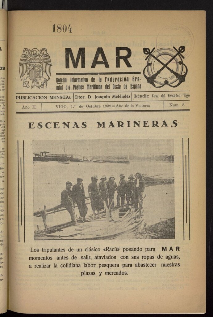 Miniatura de Mar : boletín informativo de la Federación Gremial de Pósitos Marítimos del Oeste de España del 1 de octubre de 1939