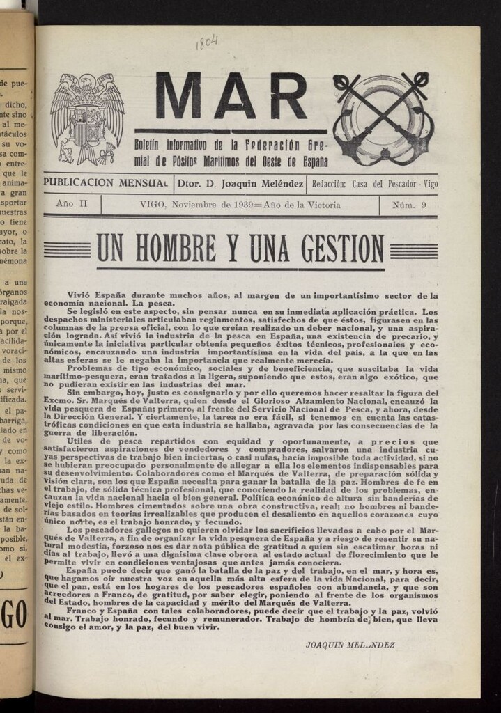Miniatura de Mar : boletín informativo de la Federación Gremial de Pósitos Marítimos del Oeste de España de noviembre de 1939