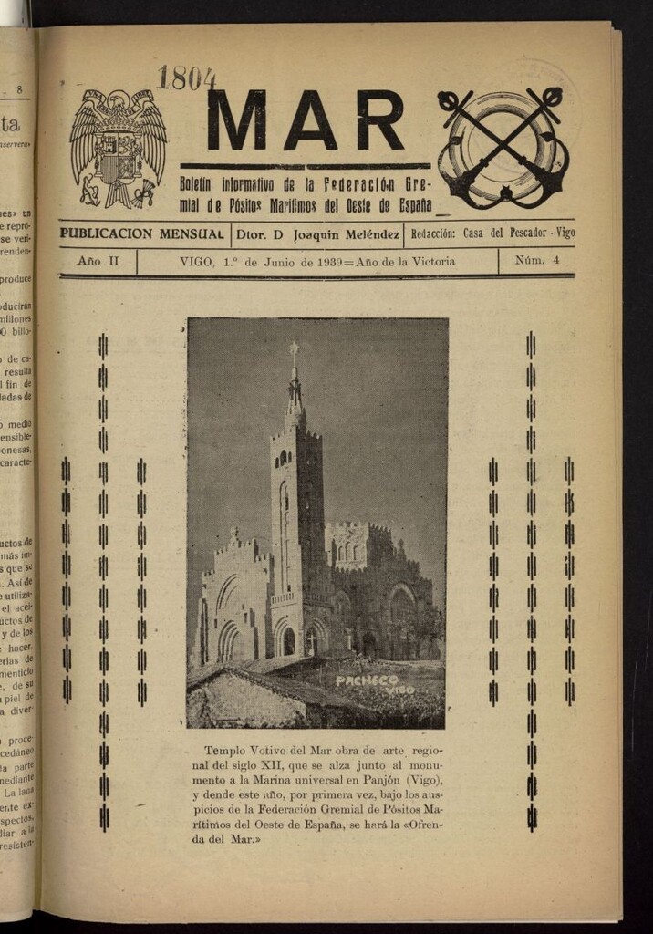 Miniatura de Mar : boletín informativo de la Federación Gremial de Pósitos Marítimos del Oeste de España del 1 de junio de 1939